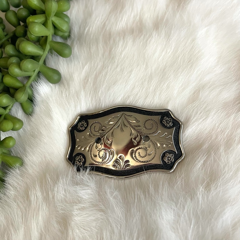 Belt Buckle Floral Silver & Black Rodeo Western - Picture 2 of 5